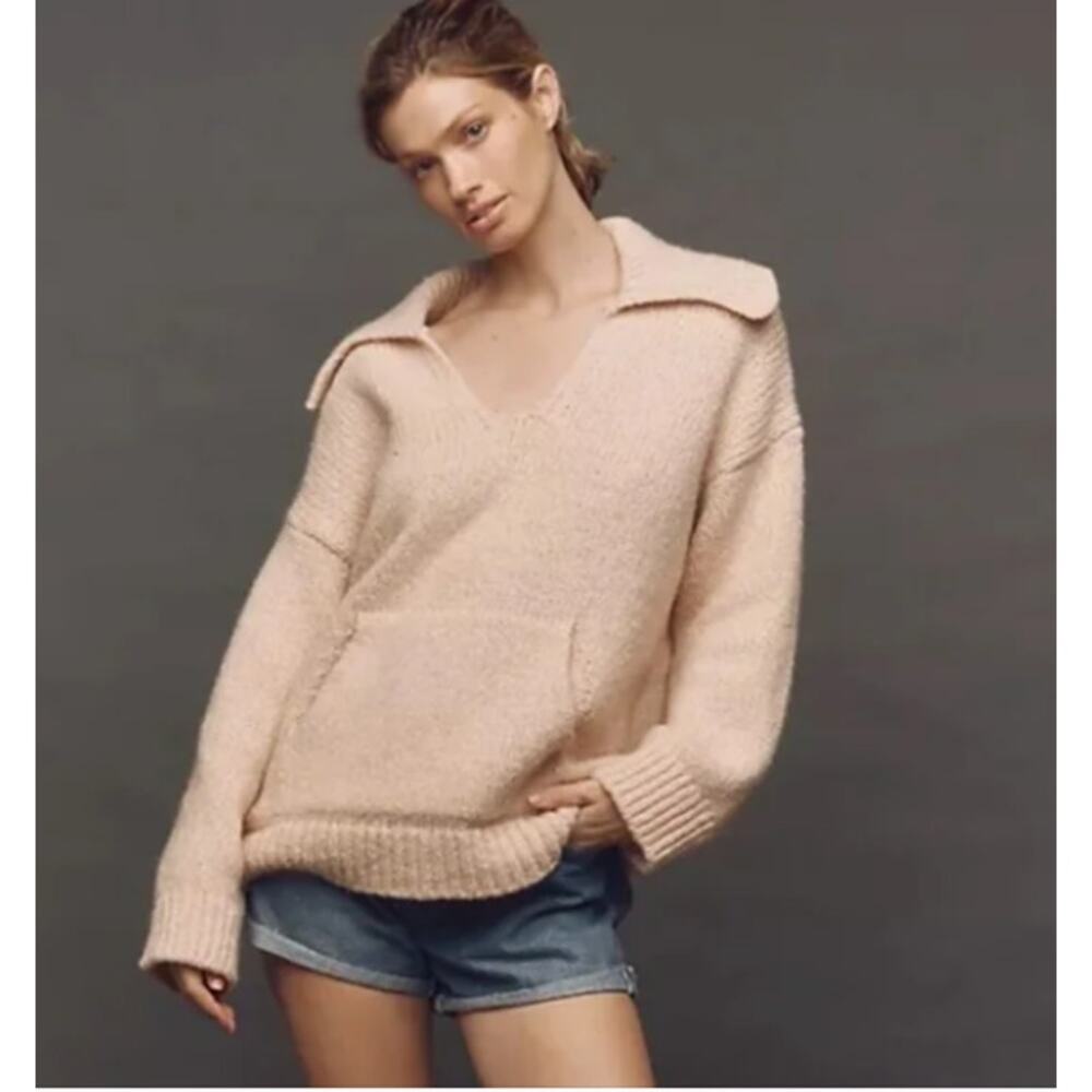 Anthropologie‎ Pilcro Polo Sweater Cream Blush Wool Cotton Pouch Pocket M